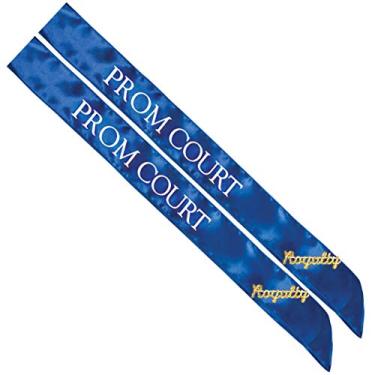 Imagem de Conjunto de faixa de formatura, 2 fitas e 2 broches de realeza com glitter, Blue/White Court Sashes/Gold Royalty Pins