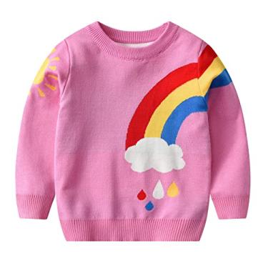 Imagem de Suéter infantil de algodão com estampa de arco-íris para festa em família, cardigã casual, rosa, 4-5 Anos