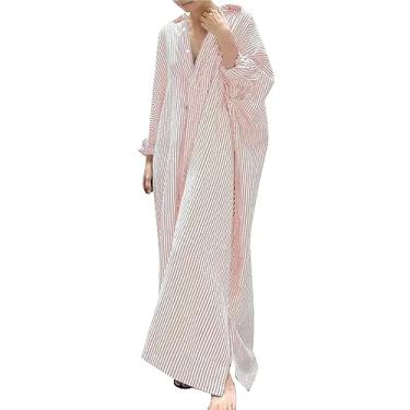 Imagem de Vestido feminino listrado com botões, casual, solto, vestido maxi, rosa, P