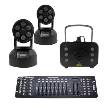 Imagem de Kit 2 Mini Moving + Máquina De Fumaça 1200W + Mesa Dmx 512