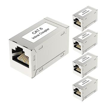 Imagem de ZEZEFUFU Pacote com 5 conectores RJ45 adaptador em linha blindado cabo Ethernet extensor fêmea para fêmea para Cat6