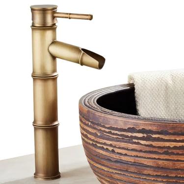 Imagem de Torneira de Bambu Vintage Retro Cobre Bronze Para Banheiro Cuba Pia Bancada Estilo Água Cascata Misturador Monocomando + Kit Instalação