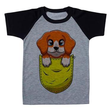 Imagem de Camiseta Raglan Infantil Cinza Cachorro Marrom No Bolso Amarelo (BR, Numérico, 6, Regular, Polialgodão)
