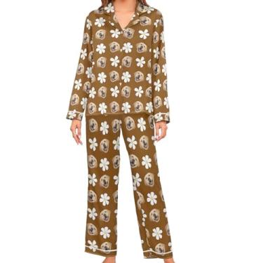Imagem de JUNZAN Conjunto de pijama feminino de cetim coral personalizado manga comprida pijama pijama feminino macio com botões, Marrom, M