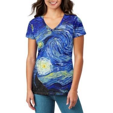 Imagem de Spowatriy Camisetas femininas de manga curta com gola V casual de verão camisetas túnicas de ajuste solto, Céu estrelado Van Gogh, PP