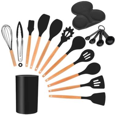 Imagem de Kit 12 Utensílios De Cozinha Em Silicone E Cabo De Madeira Jogo De Utensílios Resistente ao Calor Antiaderente Premium Shaolong® (Preto)
