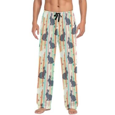 Imagem de CHIFIGNO Calça de pijama masculina divertida casual com cordão e bolsos Pijama masculino, Coelhos coloridos listrados, M