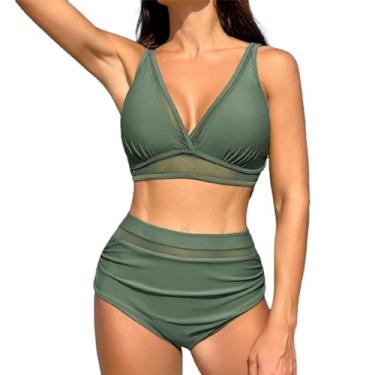 Imagem de Conjunto de roupa de banho feminino cropped com triângulo, conjunto de 2 peças com nó de amarrar e shorts femininos 2024 na moda, P-510 verde-limão, P