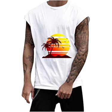 Imagem de Track Gym Coletes de praia masculinos verão outono gola redonda sol gráfico havaiano camiseta regata tropical masculina 2024, B-072 Branco, 3G