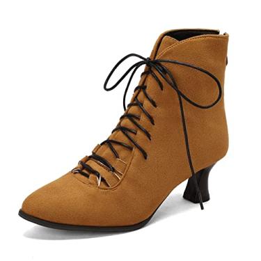 Imagem de YUE Bota feminina com cadarço primavera outono inverno botas curtas salto médio bota tornozelo, Amarelo, 34