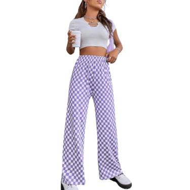 Imagem de OYOANGLE Calça feminina estampada xadrez cintura alta elástica perna larga solta streetwear calça longa, Roxo, branco, G