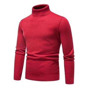 Imagem de Aoleaky Suéter masculino de gola rolê sólido outono inverno slim fit pulôver masculino gola rolê suéter de tricô, Vermelho, G