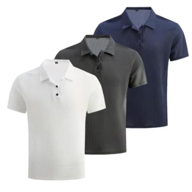 Imagem de 3 peças/conjunto de malha confortável camisa masculina elástica manga curta lapela golfe camiseta verão ao ar livre, presente para homens, Branco + cinza escuro + azul marinho, M
