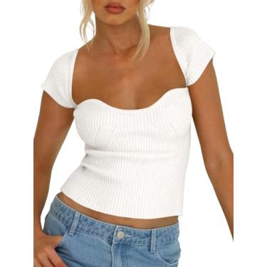 Imagem de Tankaneo Camisetas femininas de malha canelada com gola redonda e manga cavada casual, Branco, GG