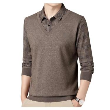Imagem de Suéter masculino de lã com lapela listrada quente de inverno falso de duas peças suéter de manga comprida, Café, 3G