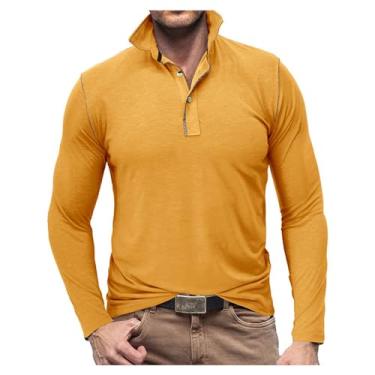 Imagem de Camisetas masculinas manga comprida cor sólida lapela gola polo camisetas abotoadas casual Henley, Amarelo, XXG