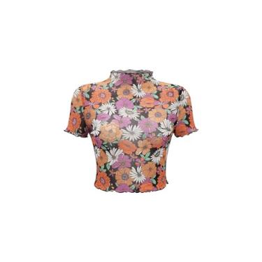 Imagem de Verdusa Camiseta feminina de malha floral, manga curta, acabamento de alface, gola redonda, Multicor, G