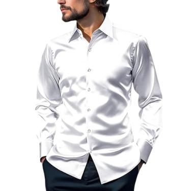 Imagem de Gihuo Camisa masculina de cetim de manga comprida de seda camisas de smoking de luxo com botões tops casuais de negócios, Branco, GG