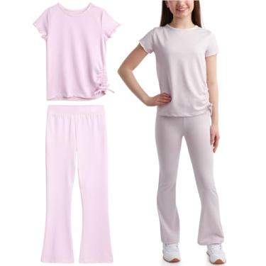 Imagem de Reebok Conjunto de leggings flare para meninas – 2 peças, camiseta de malha waffle justa e calça de ioga de perna larga (7-12), Lilás claro, 10