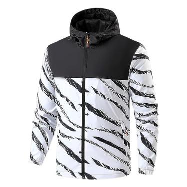 Imagem de Jaqueta masculina com estampa combinando cores casaco com bolso com capuz leve corta-vento, Branco, M