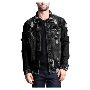 Imagem de Jaqueta jeans masculina cor sólida rasgada com buracos desgastados casaco jeans casual streetwear, Preto, M