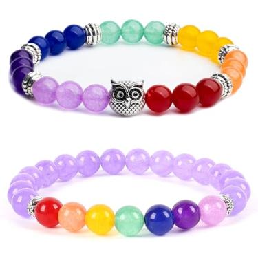 Imagem de HEDQFM Pulseiras de chakras, 7 chakras, pedra de cristal, cura, equilíbrio, meditação, relaxamento, ansiedade, pulseira para mulheres e homens, 7.5, Pedra, Calcedônia