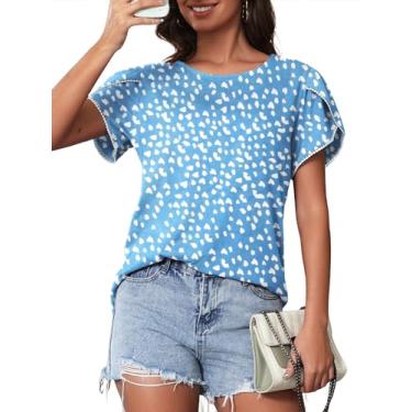 Imagem de Bellcoco Camisetas femininas de verão casual gola redonda blusa de renda crochê manga curta linda estampa floral túnica solta tops, Dot Blue, G