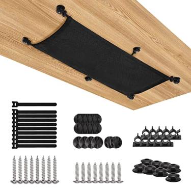 Imagem de WurdeWindig Rede de gerenciamento de cabos, kit de gerenciamento de cabos preto, malha flexível sob a mesa, organização de cabos de capacidade extra grande, cabos ocultos para desktop, 97,5 x 23,5