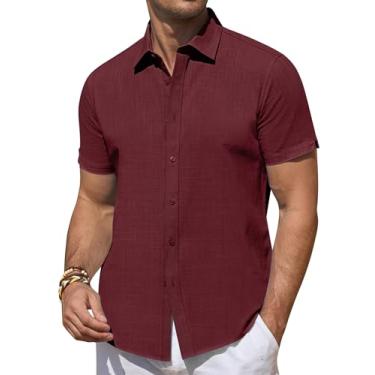 Imagem de DEMEANOR Camisas de linho masculinas de manga curta camisas de linho casuais camisas de botão verão praia camisa havaiana para homens, Vinho tinto, P