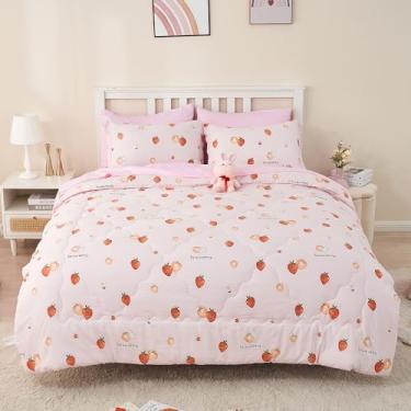 Imagem de Wajade Jogo de cama casal de 7 peças, rosa, 3D, morango, fruta, para meninas (1 edredom, 1 lençol de cima, 1 lençol com elástico, 2 fronhas e 2 fronhas)