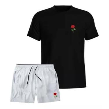 Imagem de Kit Conjunto Camiseta Basica Estampada e Short Tactel Masculino (Preto Flor, M)