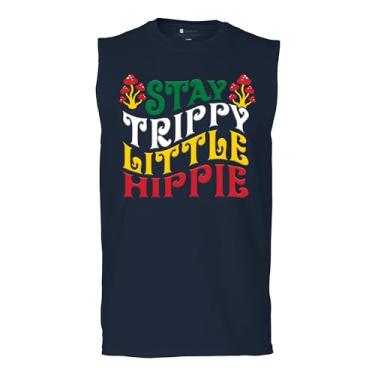 Imagem de Camiseta masculina Stay Trippy Little Hippie Puff Print Hippies Vintage Peace Love Happiness Retro 70s Cogumelos, Azul marinho, G