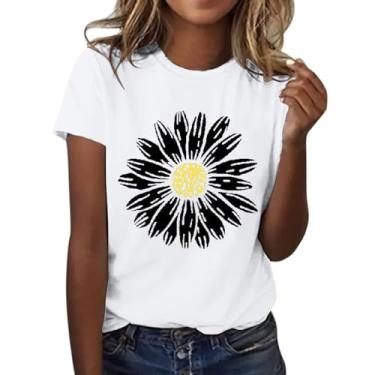 Imagem de Duobla Camiseta feminina de verão com estampa de flores fofas, soltas, gola redonda, manga curta, casual, blusa 2024 fashion, A-3 - Branco, XXG