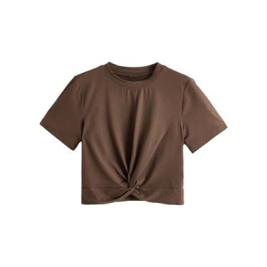 Imagem de MakeMeChic Camiseta feminina cropped de verão lisa manga curta com frente torcida, Marrom café, G