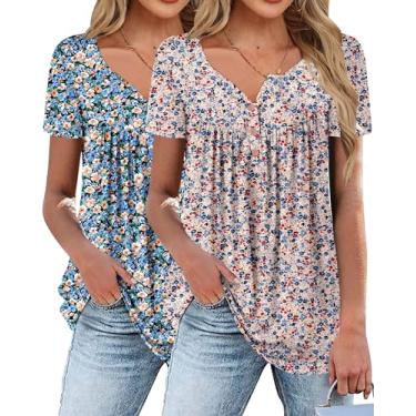 Imagem de 2 camisetas femininas de manga curta floral verão túnica 2024 casual gola redonda blusas soltas de chiffon, Azul carne, laranja e azul, P