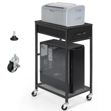 Imagem de YBING Suporte para PC de 2 níveis com gaveta, carrinho de computador móvel com suporte de CPU de metal para armazenamento em rodas, suporte preto para torre de computador, suporte para chão e