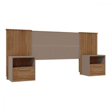Imagem de Cabeceira Extensível Casal Com 2 Mesas De Cabeceira 1 Gaveta Lucius Caemmun Buriti Ripado/ Fendi