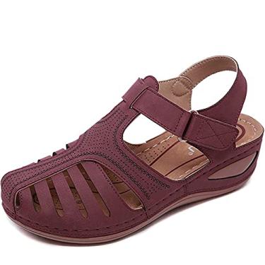 Imagem de Sandálias femininas de cunha retrô, verão plus size, bico redondo, confortável, sandálias ortopédicas premium de praia, fivela feminina, costura casual, sandálias de areia para caminhada(Purple,37 EU)