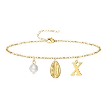 Imagem de QILMILY Tornozeleira feminina banhada a ouro 14 K, à prova d'água, joia de verão, presente para mulheres e adolescentes, letra X, 9inch, Sem Pedra Preciosa