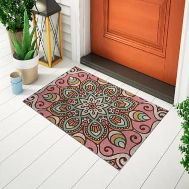 Imagem de Tapete De Porta Decorativo Capacho Divertido Estampado Abstrato - Mandala Rosa/Verde Ca1439
