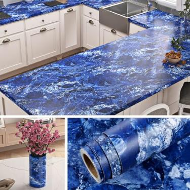 Imagem de Livelynine Descasque e cole bancadas 61 x 1000 cm papel de parede de mármore branco azul para bancada de mármore à prova d'água papel de contato para pia de banheiro capas de bancada de vinil de