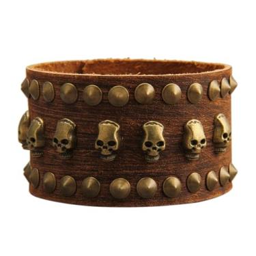 Imagem de Jeilwiy Pulseira de Couro Masculina Punk Rock Motociclista Steampunk Viking, Marrom, Cuff, Bracelete