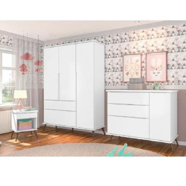 Imagem de Jogo de Quarto Infantil de Bebê Melinda Branco 100% MDF Roupeiro + Côm
