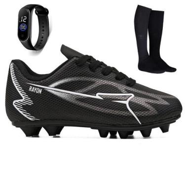 Imagem de Kit Chuteira Infantil Futebol Meninos Trava Campo Grama Natural + Meiã