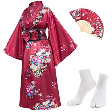 Imagem de Roupão de quimono feminino anime japonês gueixa yukata vestido doce flor cetim roupão roupa de dormir fãs conjunto de meias Tabi, Vinho tinto, Tamanho Único