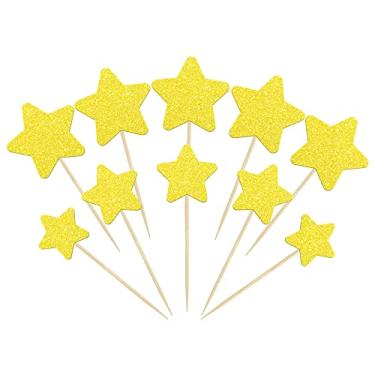 Imagem de Gyufise 42 peças de enfeites de cupcake de estrela pequena de tamanho misto, ouro, laser, cintilante, estrela, cupcake, palitos de casamento, noivado, chá de panela, chá de bebê, festa de aniversário, suprimentos para decorações