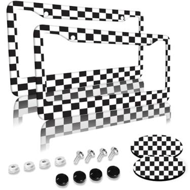 Imagem de Molduras de placa de licença padrão xadrez preto e branco, pacote com 2 furos, capa de placa de licença de alumínio com 2 peças de porta-copos de carro e tampas de parafuso pretas para meninas,