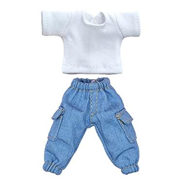 Imagem de niannyyhouse T-Shirt + Pants 2-Piece Set Camouflage Overalls Solid Color T-Shirt 1/12 BJD OB11 Doll 4.3 inches (11 cm) Body Figure Accessory (Denim Blue)