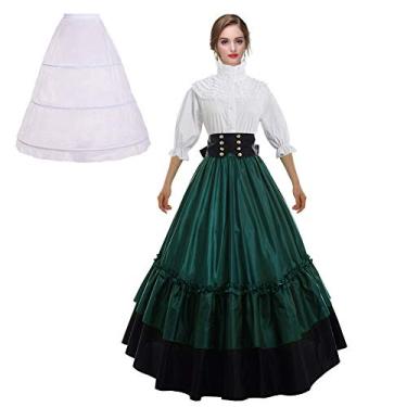 Imagem de Saia gótica vitoriana, saia de cintura alta, blusa branca com anágua (G, branca/verde)