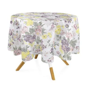 Imagem de Toalha de Mesa Redonda em Tecido Jacquard Estampado Floral Lilás e Ama